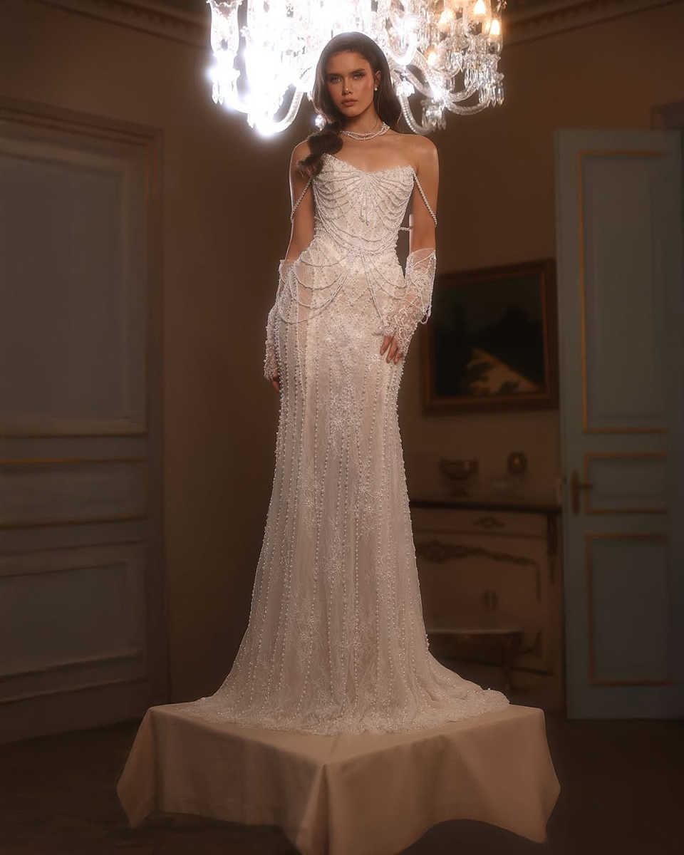 Elegant Mermaid Wedding Dress Strapless Removable Sleeves Bridal Gowns Pearls Beading Lace Sweep Train Dresses Custom Made vestidos de novia