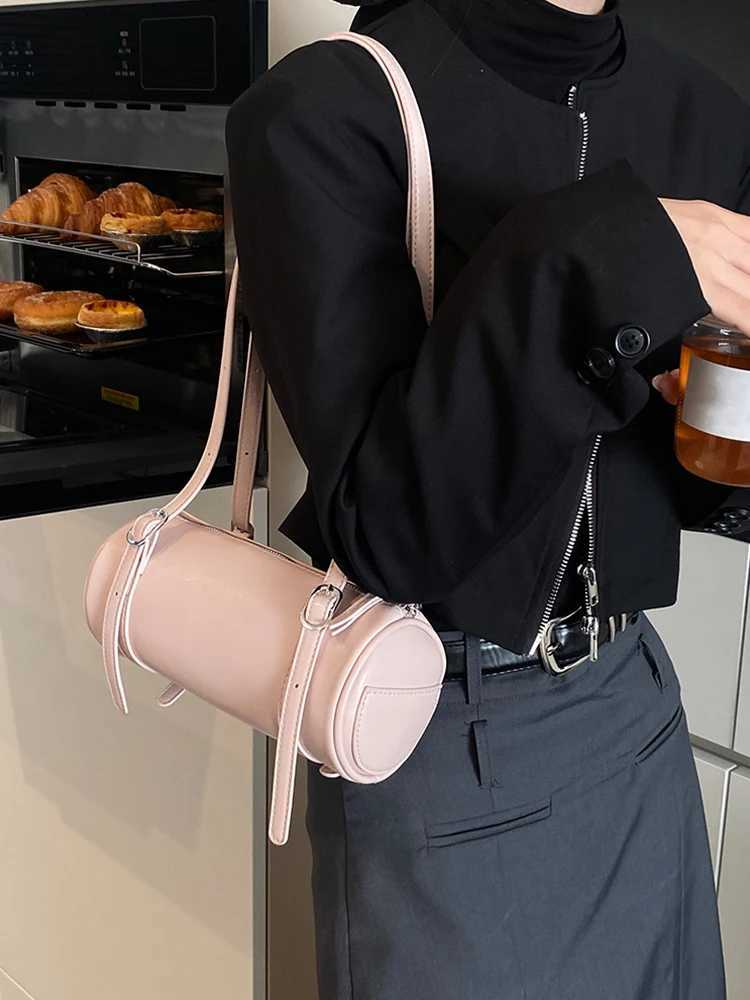 Womens PU shoulder bag cylindrical handbag zipper fashionable armrest bag adjustable shoulder strap fashionable handbag Y250320