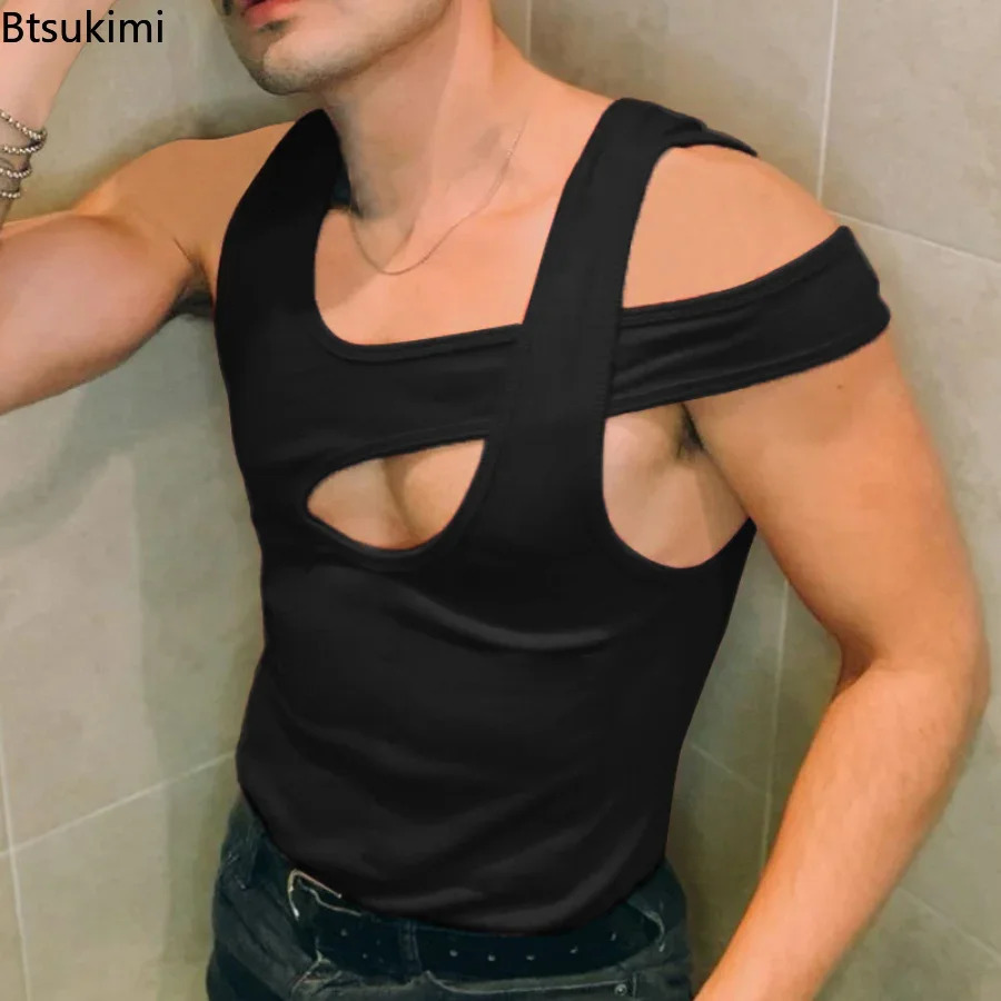 mens summer irregular vest top sleeveless hollow sexy casual vest street clothing breathable mens summer clothing top 250318