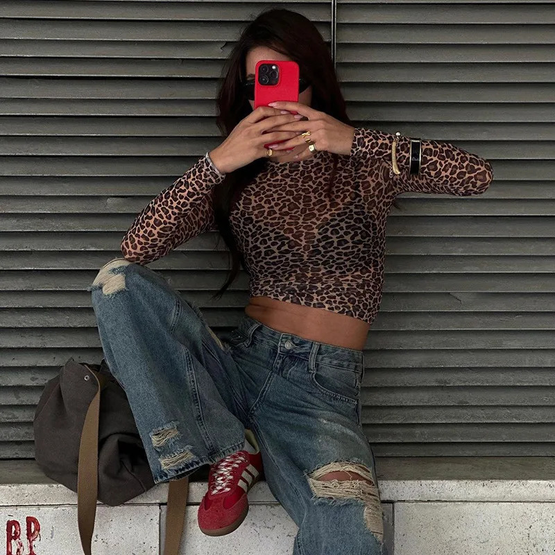 Sexy Long Sleeves Tops Mesh T Shirt Leopard Printed Bodycon Women Clothes Lady Party Club Streetwear Casual Nightout Y2K Covers 250311