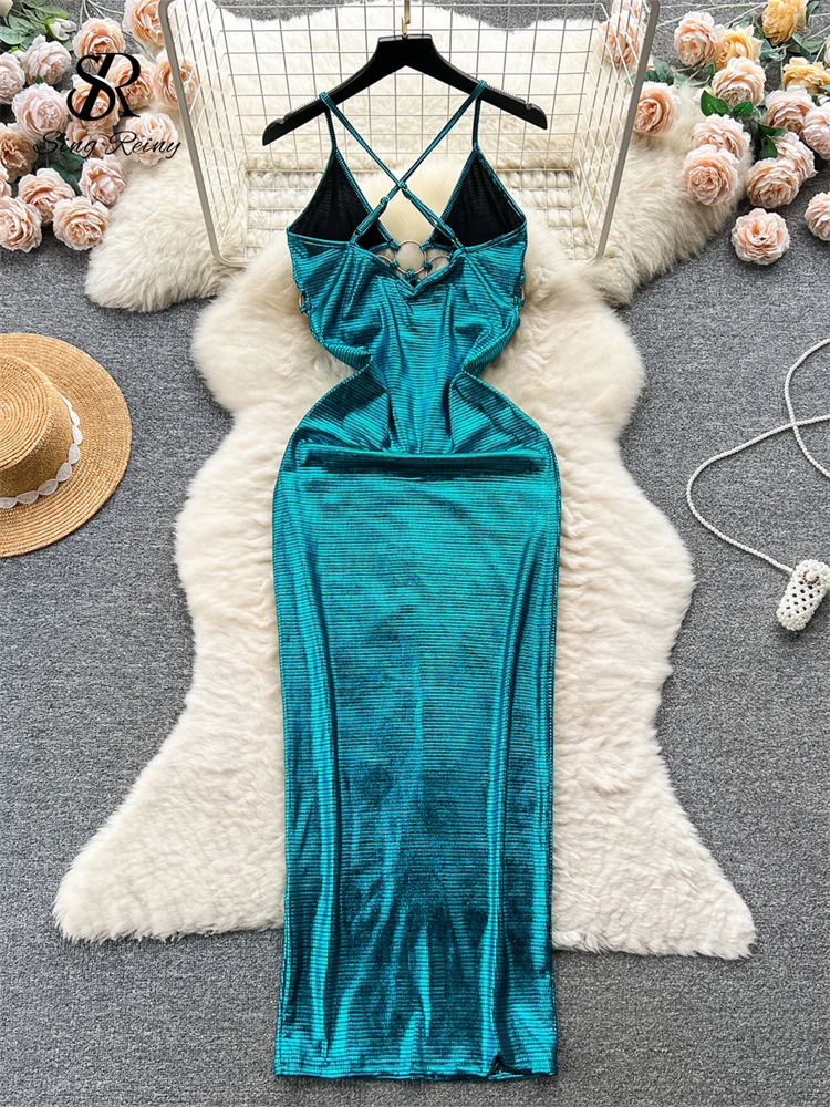 SINGREENY sexy evening gown round hollow outer shoulder strap tight corset backless INS gentle slim long party dress 250320