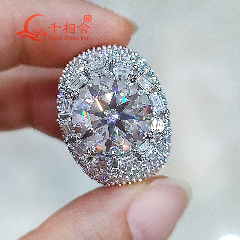 Sterling 925 Silver Hip Hop round Moissanite Ring 12mm Thick Edge Stone for Men Women Diamond Fine Jewelry