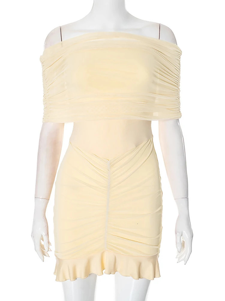 JULISSA MO Sexy Off Shoulder Mesh Women Mini Dress Pink See Through Ruffle Dress Female Spring Skinny Elegant Party Club Dresses 250320