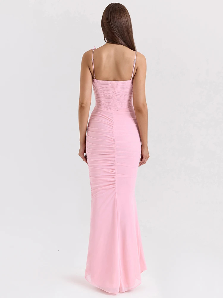 JULISSA MO sexy spaghetti strap Ruched womens Maxi dress pink backless high waisted summer ultrathin vacation party club uniform 250317