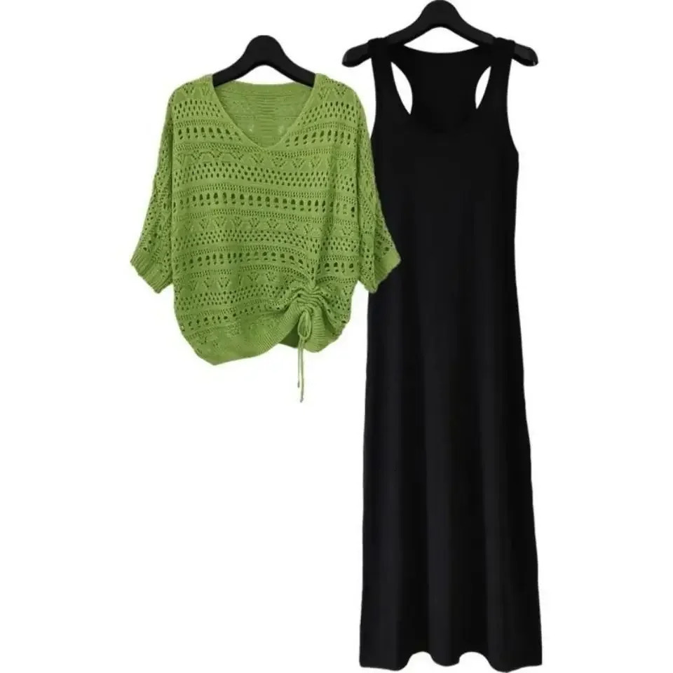 Summer Tank Long Skirt Hollow Knitted Top 2-piece Set Womens Clothing Lightweight Mesh Long Skirt Fashion 250318