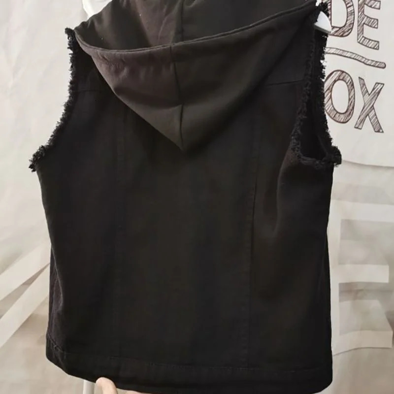 Spring Autumn Women Fashion Hooded Denim Jacket Waistcoat White Black Vest Female Short Gilet Sleeveless Jeans Coat 250320