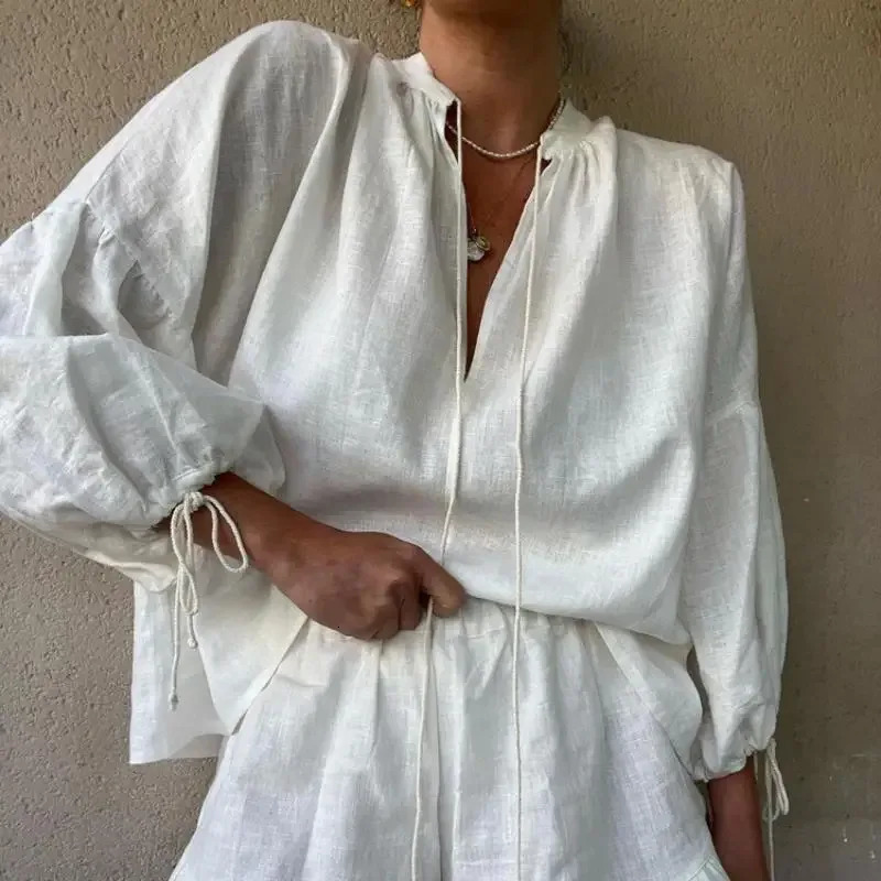 White V-neck Long Sleeve Lace Up Blouse Shorts Sets Women Lace Up Shirt Elastic Waist Shorts Suit Summer Casual Vacation Outfits 250320