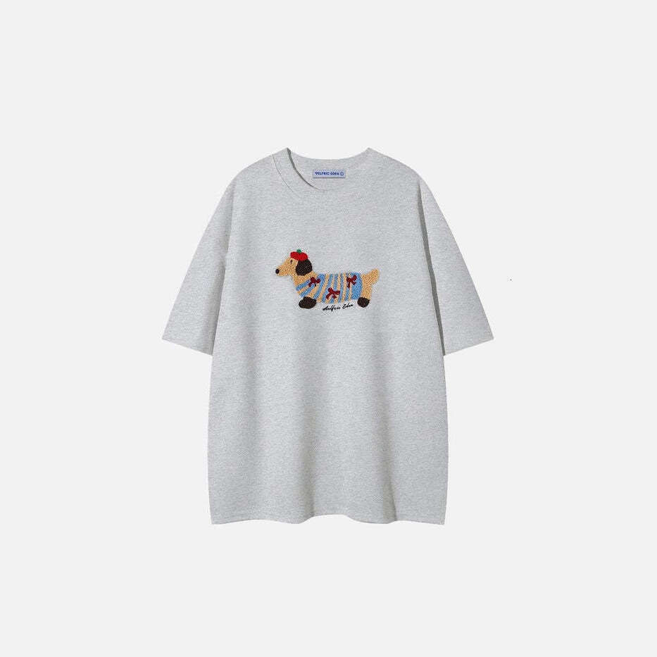 Sausage puppy plush embroidered short sleeved T-shirt casual loose cotton top ins men and women summer