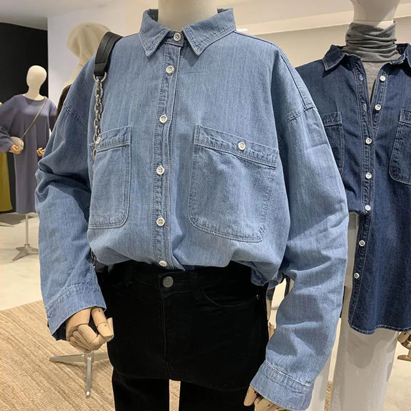 Casual loose womens denim shirt Korean fashion dark blue denim shirt spring top long sleeved classic Blusas Mujer De Moda 250317