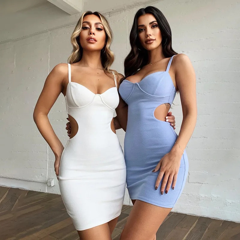 Elegant summer sexy womens Vneck sleeveless hollow ribbed knitted body backless club party mini vest dress 250320
