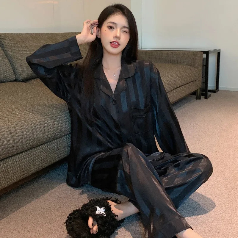 2Pcs/set plus size ladies pyjamas set ice silk student home wear cardigan lapel long sleeve long trousers girls womens clothes 250320