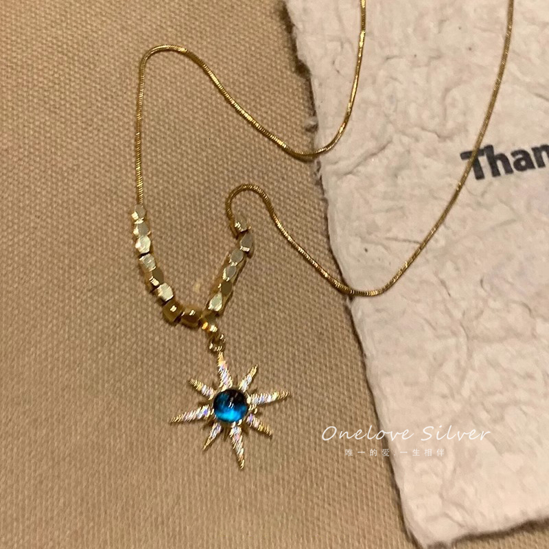 Blue Imitation Zircon Octagonal Star Necklace For Women, 2025 New Autumn And Winter Sweater Chain, High-End, Light , Niche Pendant