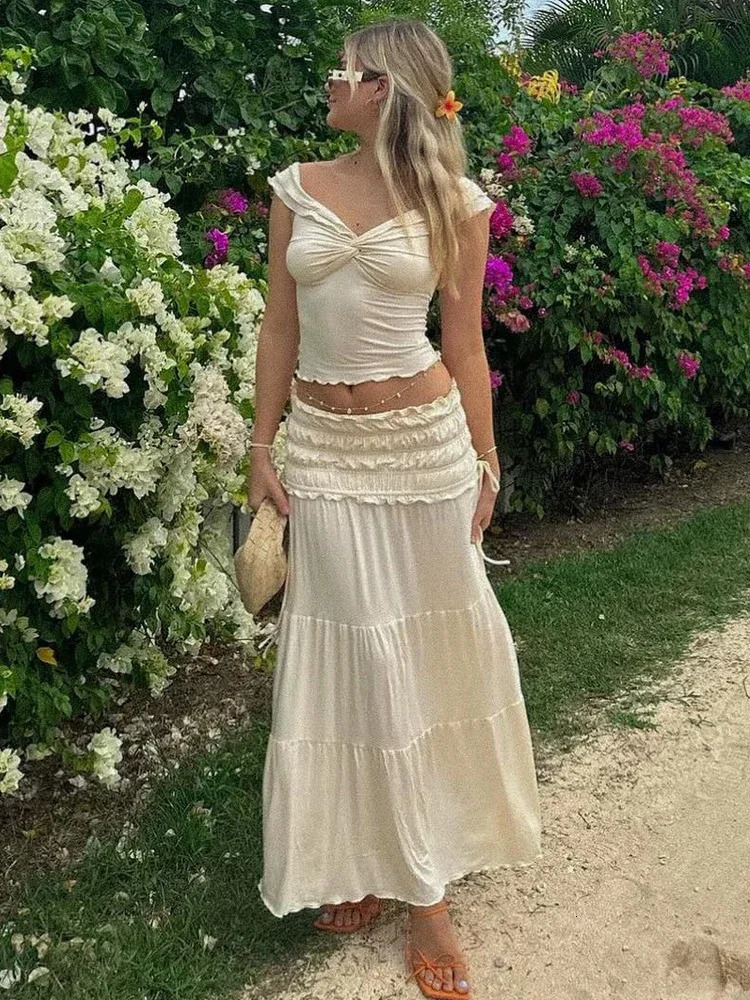 Fashion Solid Folds Long Skirt Sets For Women Summer Sexy Off Shoulder V-neck Cropped Tops High Waist Long Skirts 2 Pieces Sets 250320