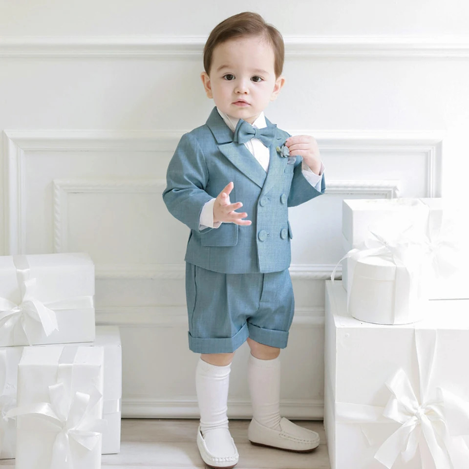 Boys Suit For Weddings Birthday Little Boy Gentleman Outfit Formal Suits Children Blue Coat Strap Shorts Bow Tie Clothes Set 250320