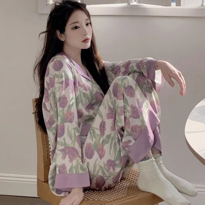 2Pcs/set plus size ladies pyjamas set ice silk student home wear cardigan lapel long sleeve long trousers girls womens clothes 250320