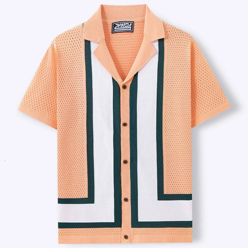Summer Casual Shirt Mens Knitted Hollow Contrast Color Mens Fashion Collar Button Shirt 250320