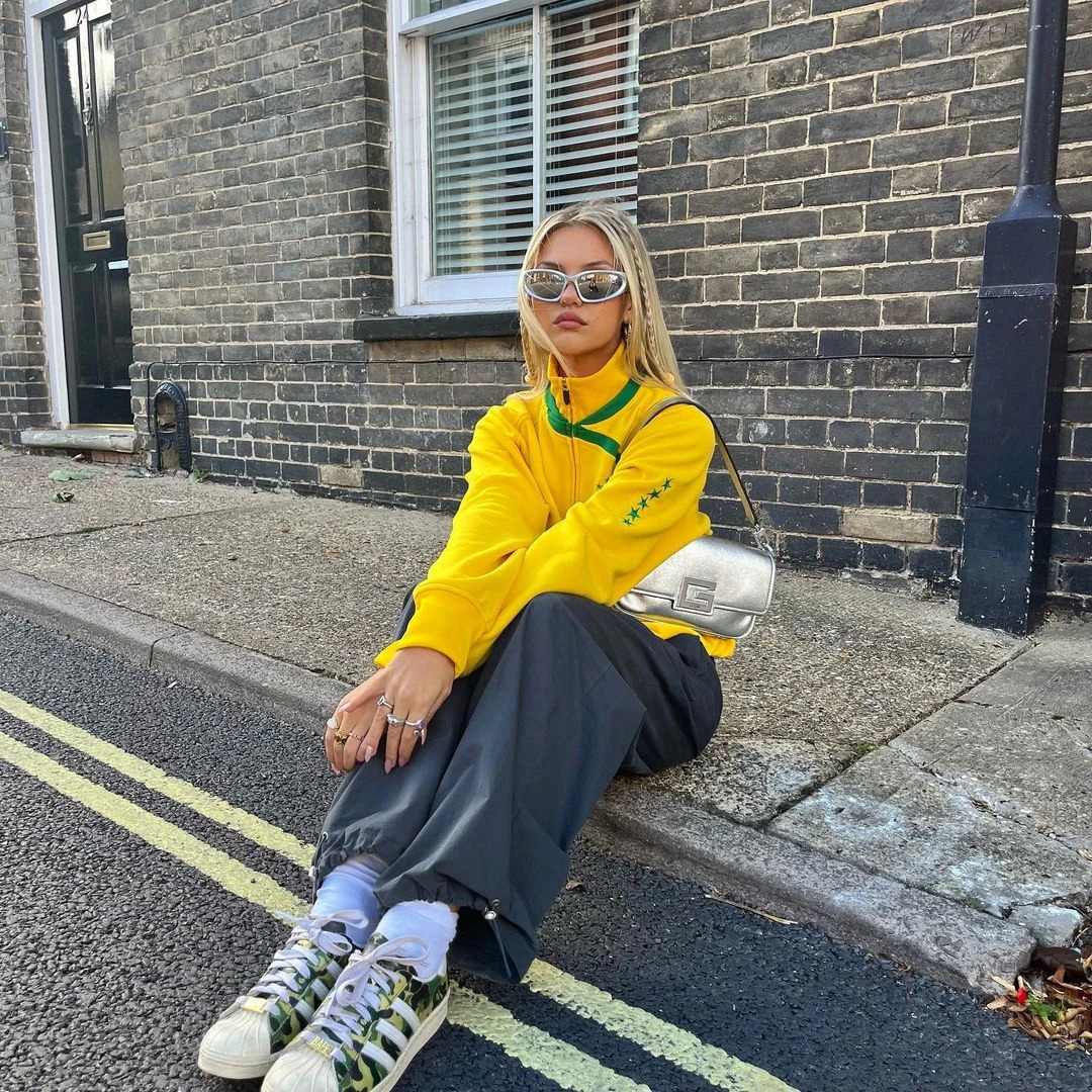 Y2K Aesthetic Vintage Slim Fit Yellow Sweatshirts BRASIL Letter Embroidery Graphic Womens 00s Retro Hooded Zip Up Jackets Coats 250320