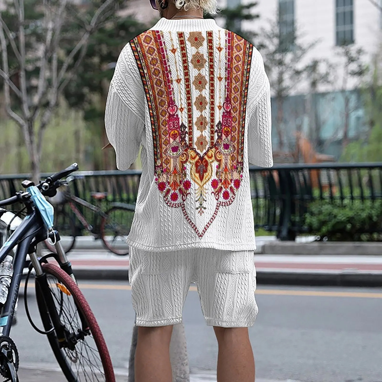 Spring/Summer Trendy European and American Casual Loose 7/4 Sleeve Jacquard Knitwear Top Shorts Mens Set 250320