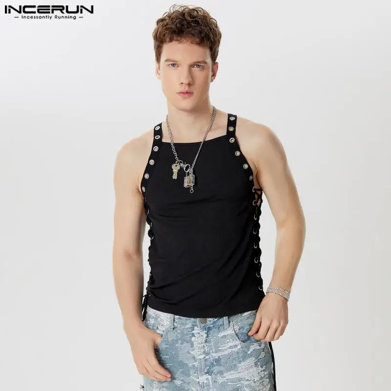 INCERUN Mens Tank Tops Patchwork Lace Up O-neck Sleeveless Vests Summer Fitness Streetwear Hollow Out Fashion Mens Clothing 250318