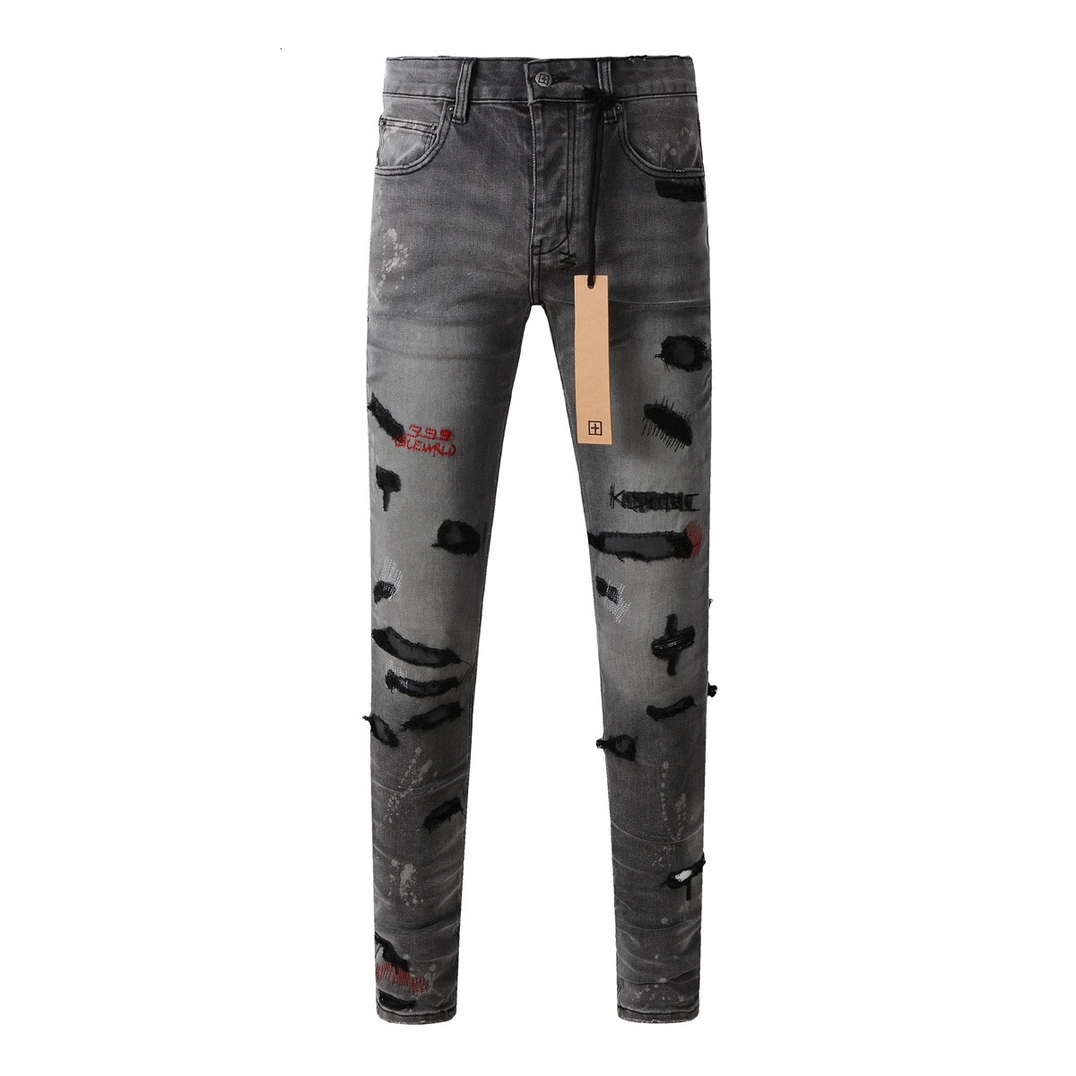 Retro Black Gray Jeans Men Cross Paint Hole Trend Low Rise Skinny Denim Pants Pleated Ripped Frayed Trousers 3014 250320