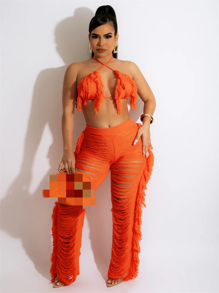 RT Sexy Women Crochet Set Two Pieces Set Halter Backless Top Pants Tassels Knitted 2 Pieces Set Hollow Out Crocheted Beach Set 250320