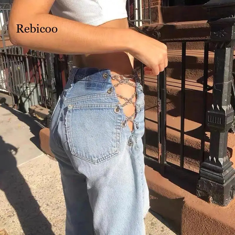 Side cross chain hollow outer wide leg womens jeans high waisted pants sexy and elegant womens punk bottom womens pants loose blue 250320