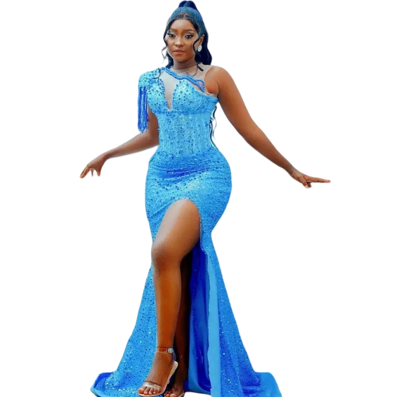 Glitter Sky Blue Sequined Mermaid Prom Dresses Pearls Beading Sheer One Shoulder Long Elegant Evening Gowns Side Slit African Black Girls Birthday Pag