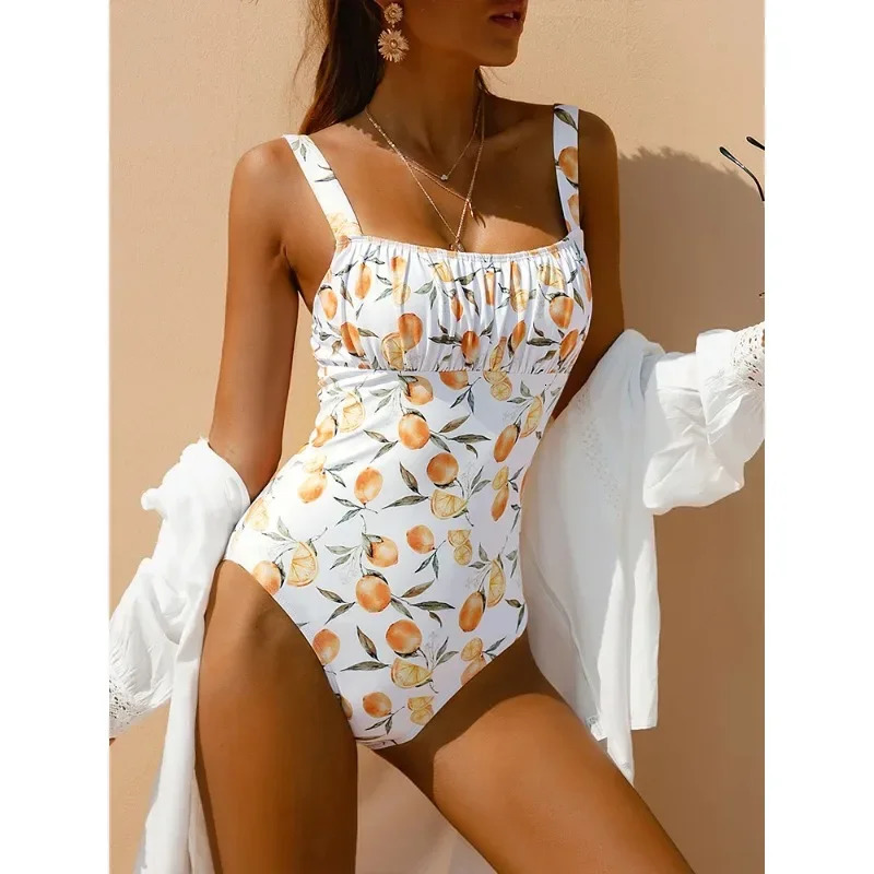 Fruit print onepiece swimsuit for women abdominal control Bandeau Korean style sexy beachwear casual beach 250320