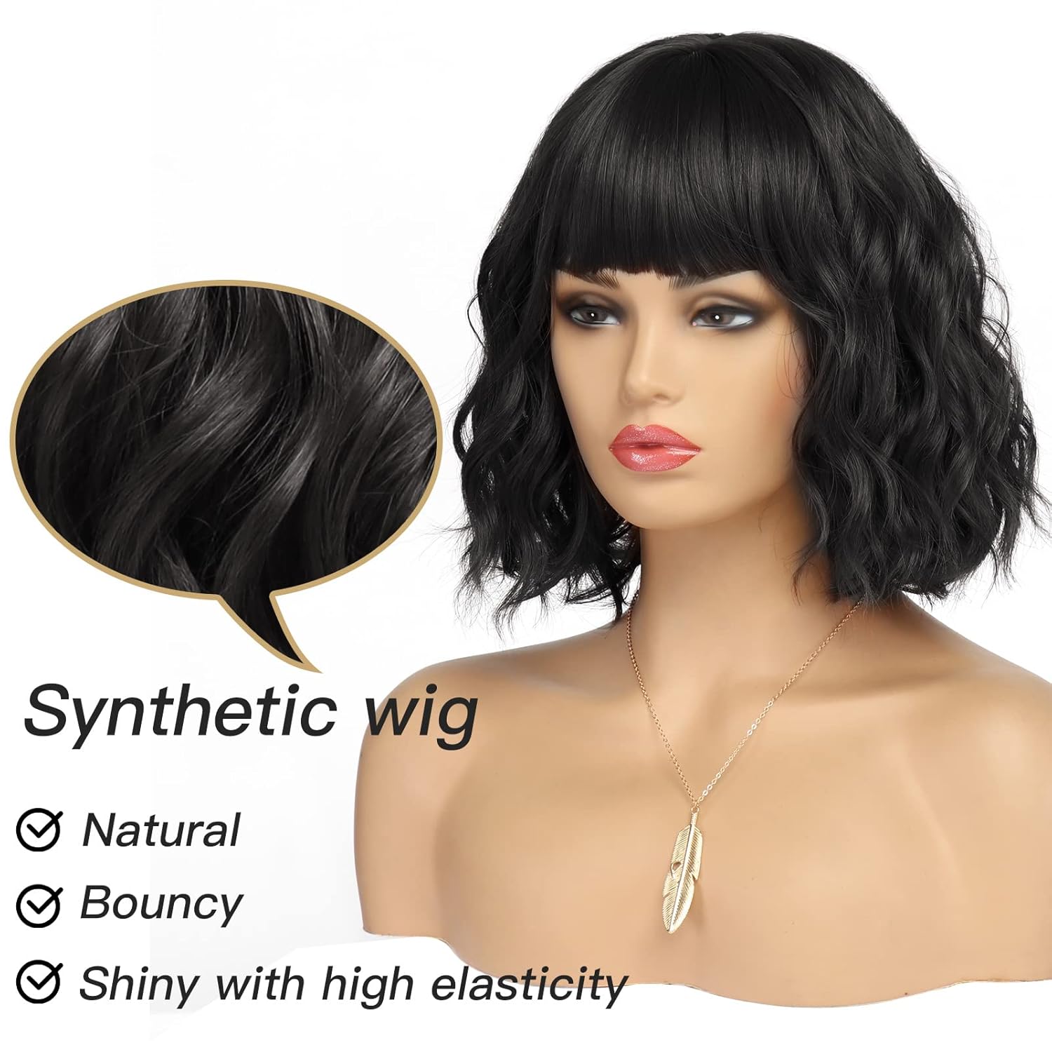 Short Black Bob Wig With Bangs Synthetic Natural Hair Wigs for Women Wavy Shoulder Length Wig Water Wave(12 Inches)