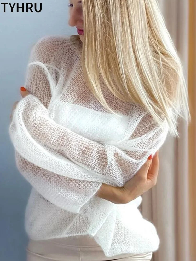 TYHRU Womens Knitted Sweaters Lady Hollow out Thin Pullover Fashion Loose Sweatshirt Top Sweet Elegant Smock Female 250319