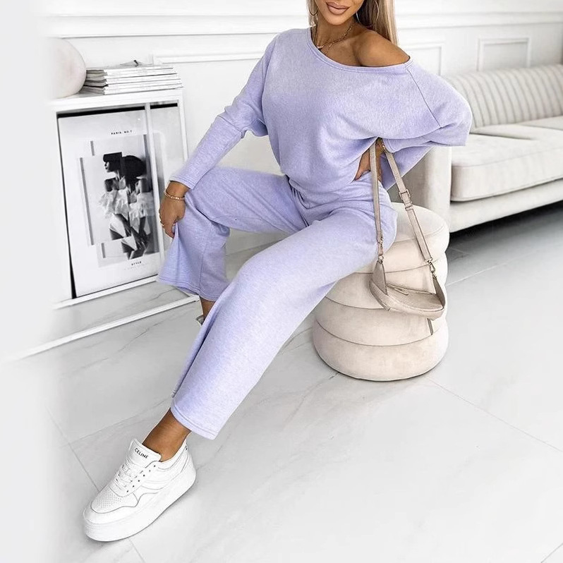 Autumn Womens Solid Color Fashion Casual Slant Shoulder Sports Pants Long Set for Women 240325