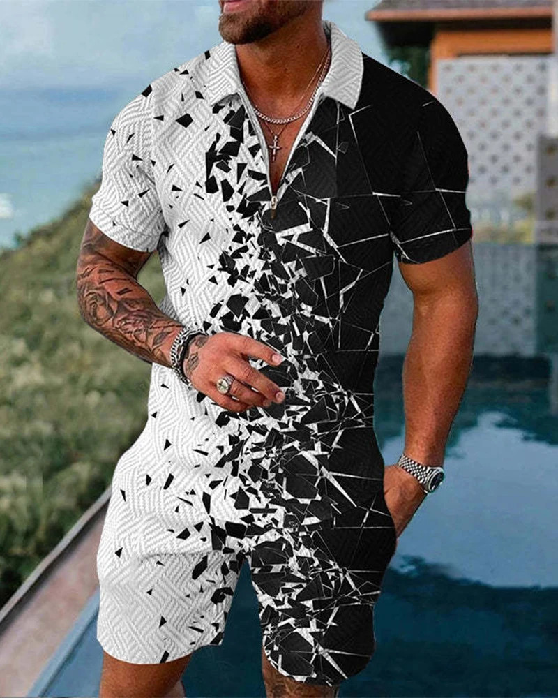 Summer Music Note 3D Printed Mens Zipper Collar Track Set Trend Polo Shirt Fashion Casual Shorts 2-piece Set Mens Street Clothing Set 250318