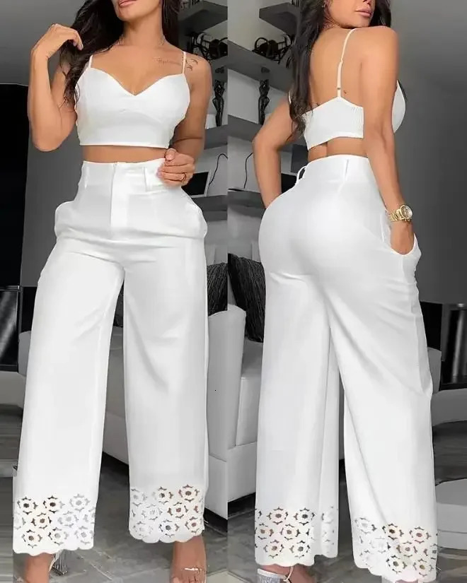2-piece womens set casual V-neck Cami crop top and white fashionable hollow outer wide leg high waist pants set for women 250320