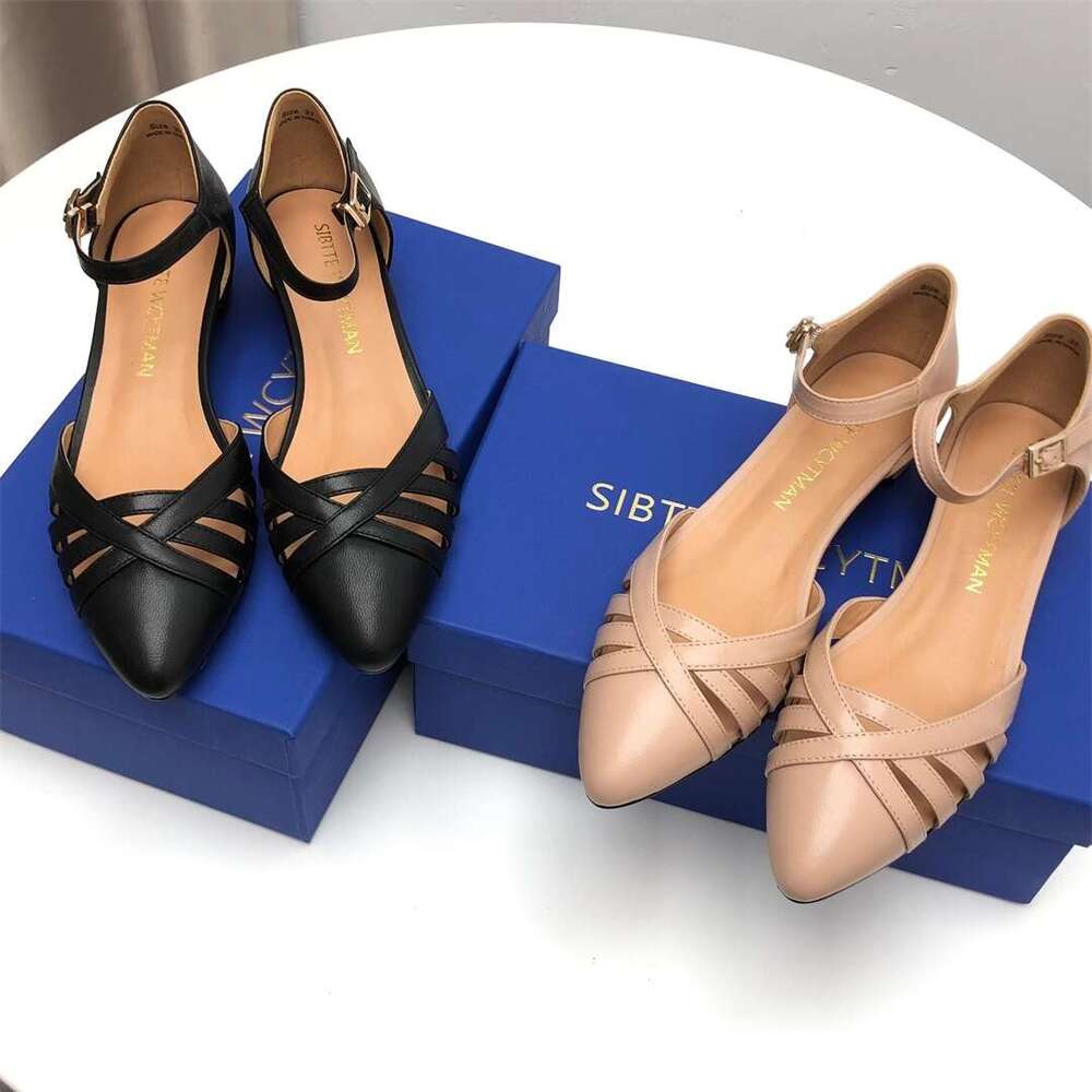High Heel Dongguan Made Full Sheepskin Thick Heel Pointed Buckle Hollowed Out Middle Mouth Single Shoes High Heels Roman Toe Sandals For Women