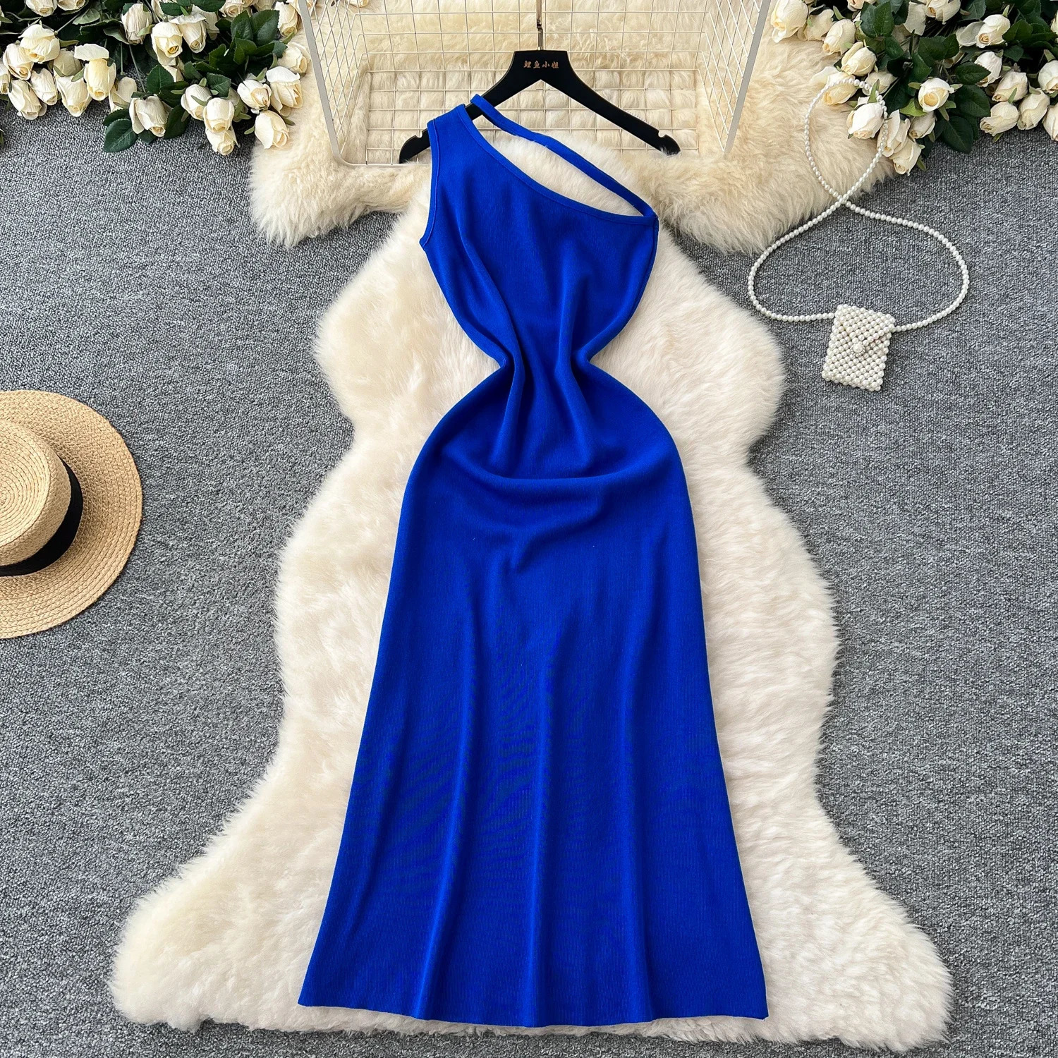 Sexy one shoulder sleeveless knitted long dress for women ultrathin elastic rib tight fitting streetwear vest 250320