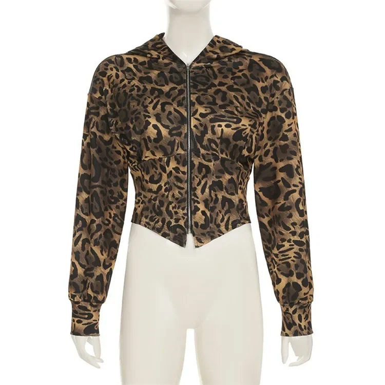 Y2k Leopard Print Hoodies Women Vintage Streetwear Irregular Slim Sexy Cheetah Print Zipper Hooded Sweatshirt 250320