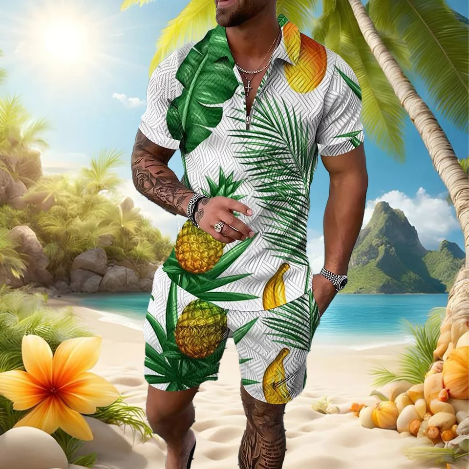 Summer Tropical Fruit 3D Printed Mens Zipper Collar Tracking Clothing Trend Polo Shirt Fashion Shorts 2-piece Set Mens Street Clothing Set 250318