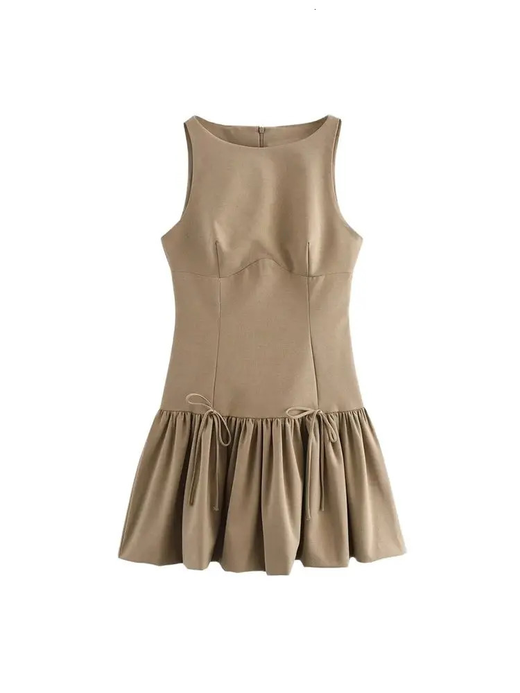 TRZA Womens Ruffle Mini Dress with Bow Oneck Sleeveless Back Zipper Wear Fashion 250320