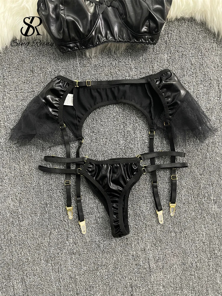 SINGREINY American Erotic Underwear Three Pieces Sets Ladies Y2K Sensual Garter Hollow Out Leather Sexy Lingerie Suits 250320