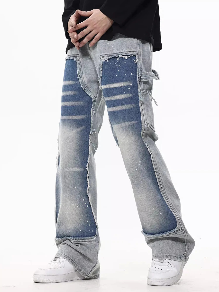 REDDACHIC Two tone Patch Work Bag Jeans Mens Hip Hop Splash Ink Brush Blue Washed Loose Suitable for Casual Wide Leg Pants Y2K Street Clothing 250317