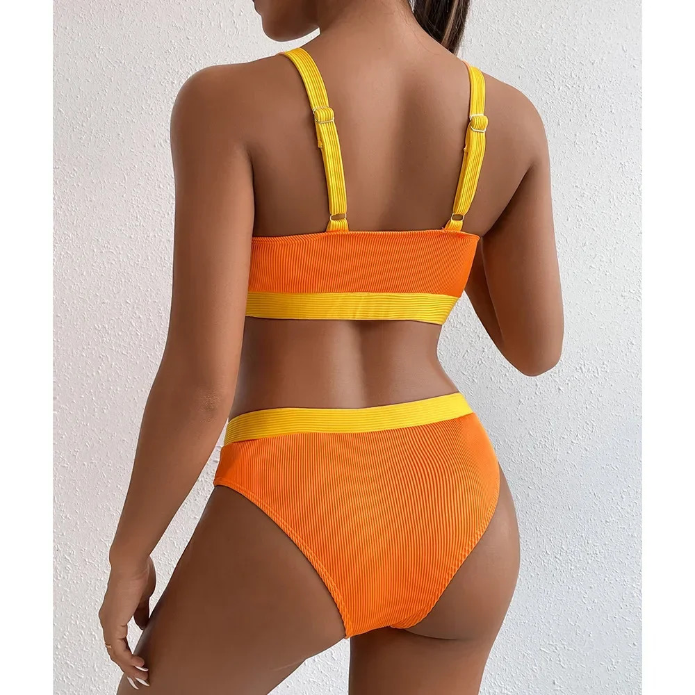 Customized womens clothing special fabric threaded groove strips bikini color matching split swimsuit explosion 250320