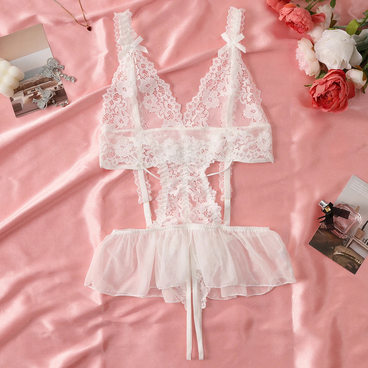 Sexy Crotchless Lingerie Women Lace Hollow Floral Bodysuit Exotic Pajamas Teddy Babydoll Dress Deep V Open Bra Underwear Set 250320