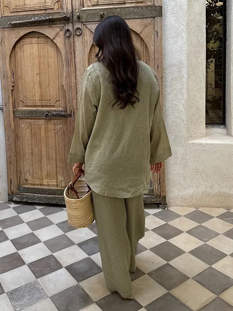 Casual Cotton Linen 2 Piece Sets For Women Loose Long Sleeve Shirts Wide Leg Pants 2025 Spring Summer Solid Outfits Lady 250320