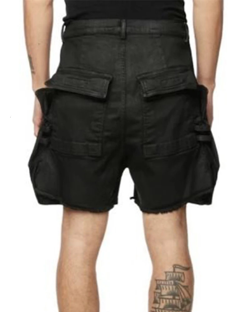RO Style Brushed Wax Coated Rough Edge Denim Shorts Men Dark Multi Pockets Five Quarter Pants Cargo 250320