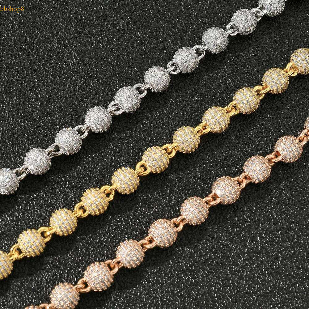 Hip Hop Jewelry Men Women Gold Plated Prong Dia 8mm Round Bead Zirconia Bracelet Iced Out Ball Chain k