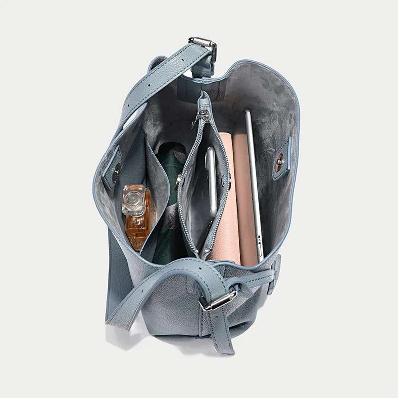 New Elegant Pure Blue Solid Color Bucket Medium Fashion Cowhide Leather Women Shoulder Bag OL Office Lady Business Handbag