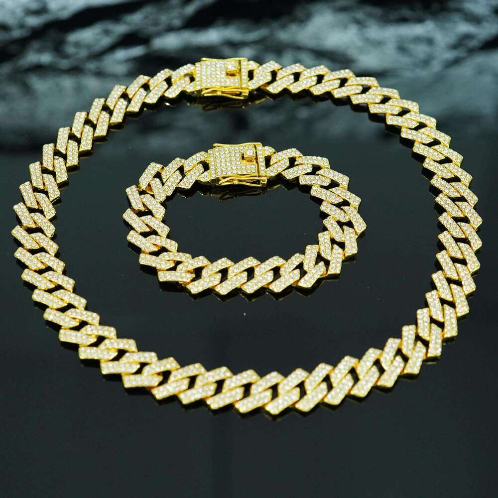 15mm alloy full dia Cuban chain men's double row quadrilateral hip-hop necklace accessory gift for man