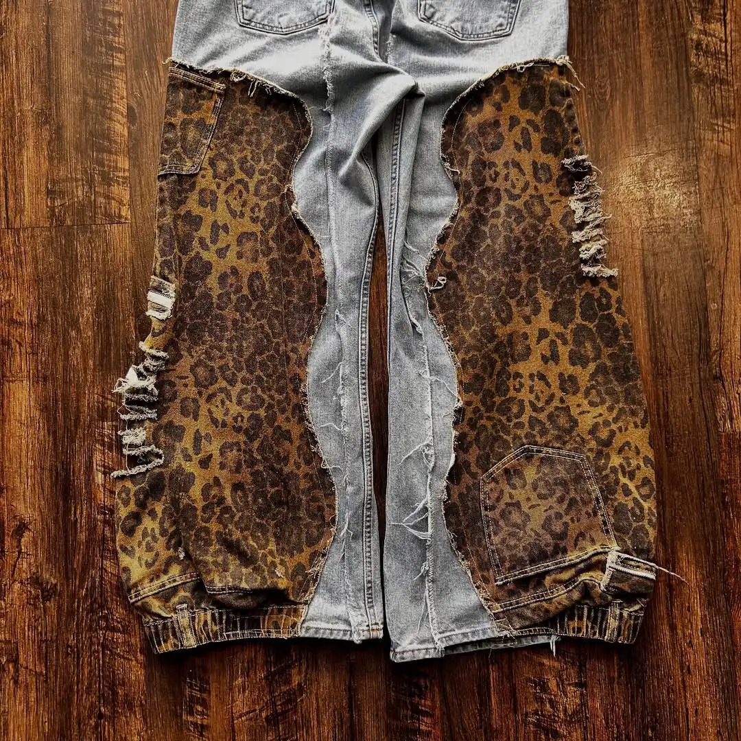 Harajuku retro unique destructive n leopard patch work wash jeans mens loose casual street hiphop wide leg pants 250320