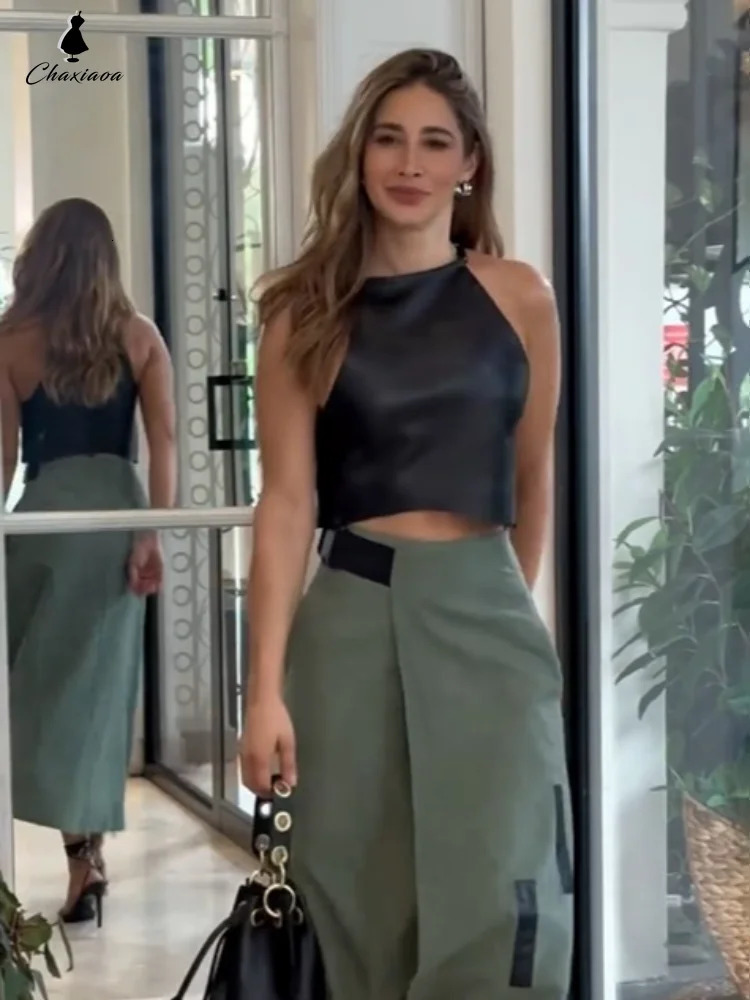 Fashion Pu Leather Vest Skirt Sets Women Sleeveless Cropped Tops with Split Slim Skirts Suits Chic Ladies Streetwear 250320