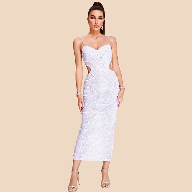 Lanjia- Hot Sale Women Sleeveless Sexy Strap Pearl Beading Sequins Bodycon Long Dress Celebrate Evening Party Birthday Outfit Vestido E88fc